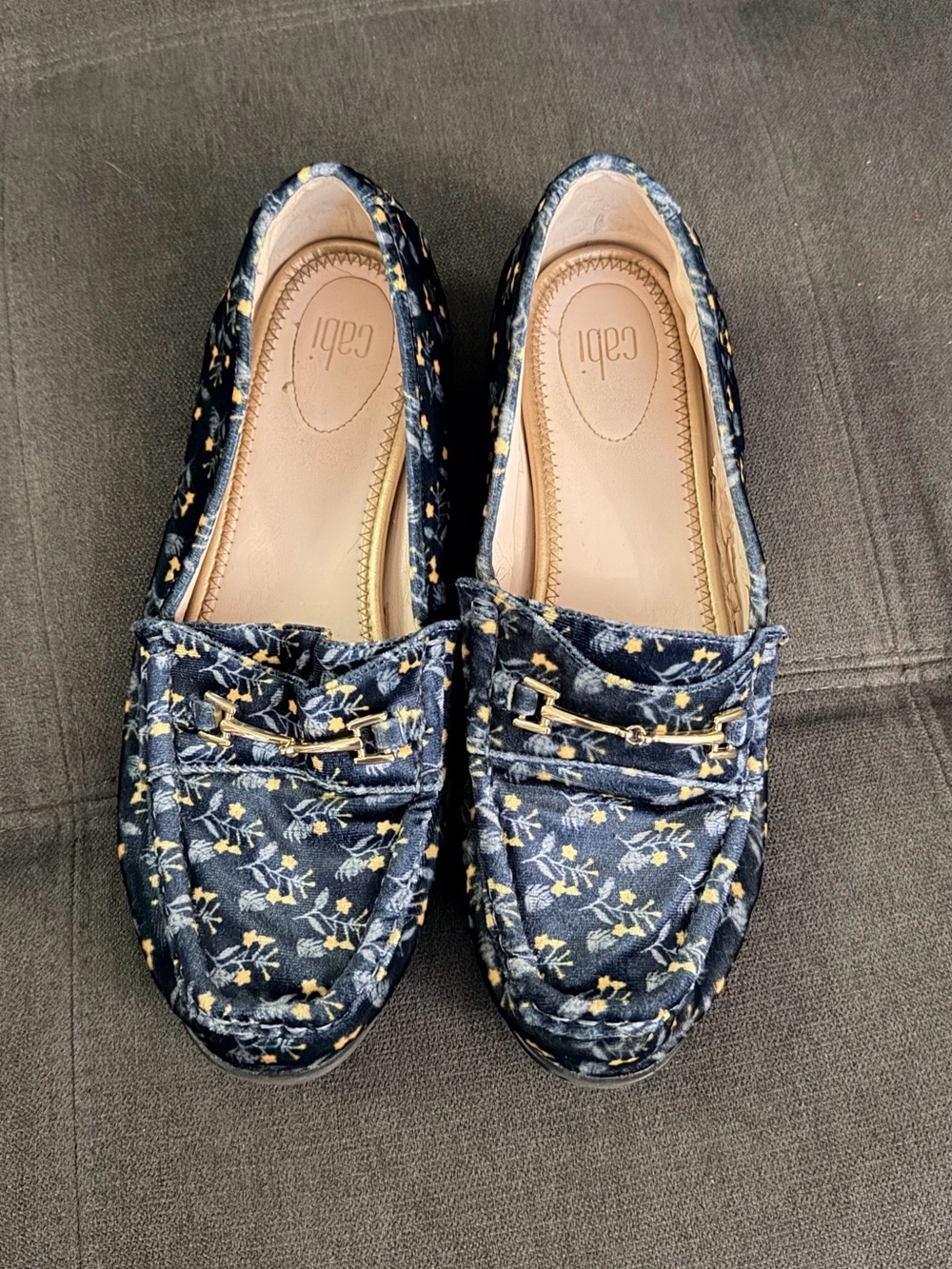 CAbi Navy Velvet Loafers with Yellow Floral Embroidery